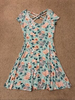 Disney Little Mermaid Ariel Floral Mint Green and Peach Jersey Mini Dress